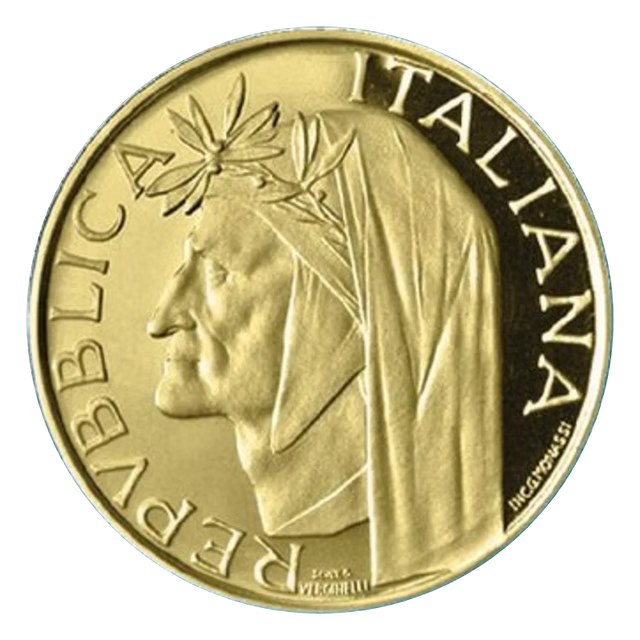 Moneta da 500 Lire Dante Alighieri, versione oro, fronte