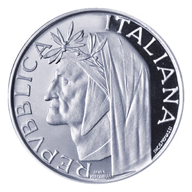 Moneta da 500 Lire Dante Alighieri, versione argento, fronte