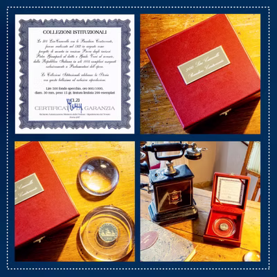 Cofanetto in pelle rossa con certificato di garanzia, collage fotografico