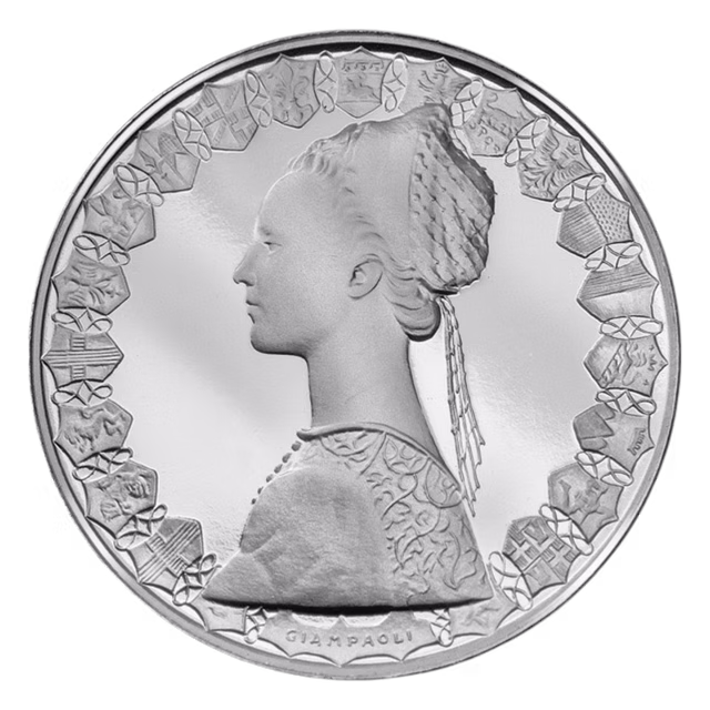 Moneta 500 Lire Caravelle, versione argento, lato effigie