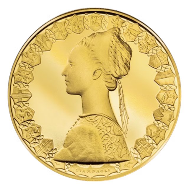 Moneta 500 Lire Caravelle, versione oro, lato effigie