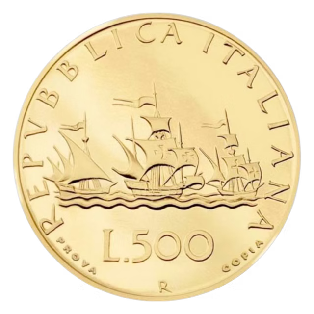 Moneta 500 Lire Caravelle, versione oro, lato caravelle