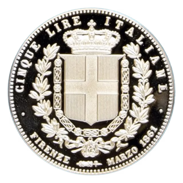 5 Lire Italiane Unità d’Italia 1861, versione argento, retro